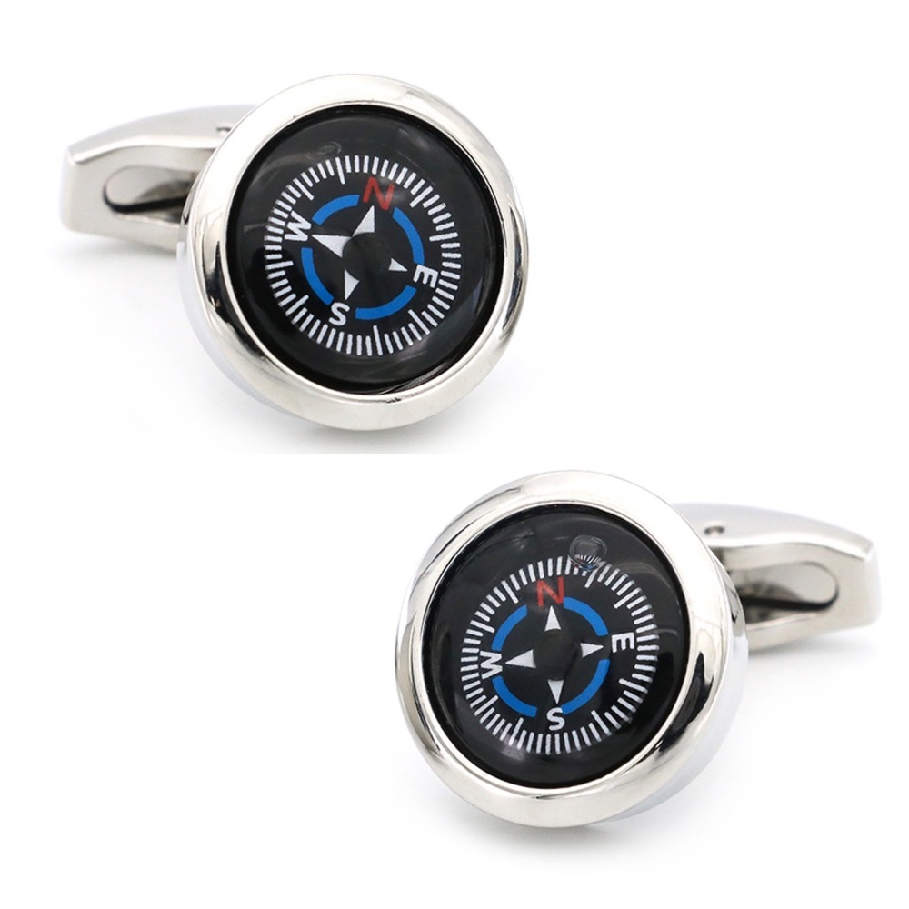 Unique Round Black and Blue Navigation Compass Silver Cufflinks - Picture 1 of 17
